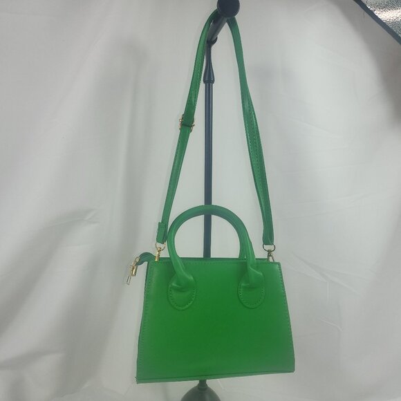Kelly Green Leather Double Handle Handbag Purse with Crossbody strap small - Picture 2 of 10